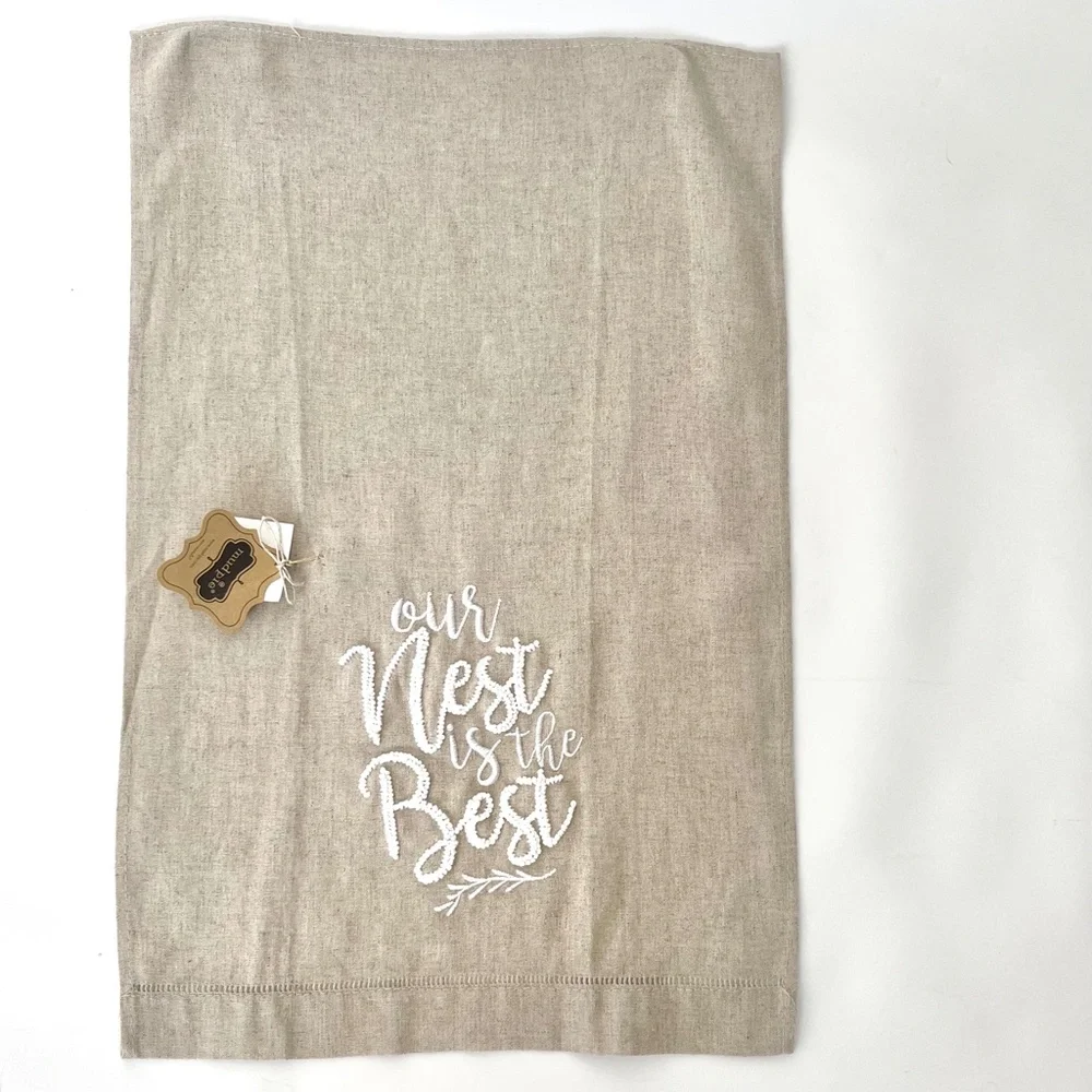 Tan Linen Hand Towels Embroidered French Knot Welcome to Our Nest Set of 2